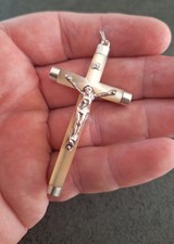 Grand pendentif en argent massif, nacre, religieux, croix, Jésus Christ