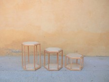 Série de 3 tables basses vintage en travertin et bois par Roche Bobois