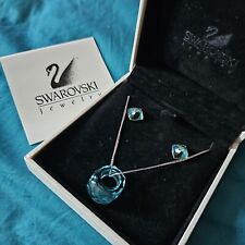 Parure Swarovski Collier Et Puces D'oreilles Cristal Turquoise Poinçon Cygne