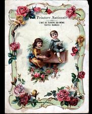 Grande IMAGE CHROMO / TEINTURE NATIONALE / FILLE au PIANO & ENFANT à la lecture