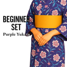 Ensemble kimono japonais Yukata & Obi à fleurs violettes avec ceinture jaune ...