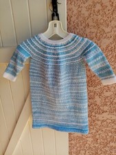 ROBE TRICOT FAIT MAIN FILLE  18M 2 ANS  BLEU ET BLANCHE LONGUE**