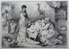 Grande Gravure originale fin 19e chine appliqué grand mère enfant à identifier