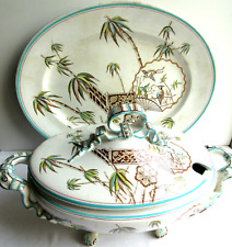 Soupière ovale anglaise sur plateau, Royale Porcelaine, décor exotique, Palmiers