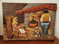  Tableau en bois Sculpté, en relief : "Au coin de l'âtre" 41. 5 X 29.5 cm.