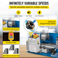 Mini Tour à Métaux de Précision 180 x 350 mm Vitesse Variable 50-2500 RPM