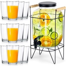 Distributeur Boissons Verre 5,5L avec Robinet Support + 12 Verres 200ml Set