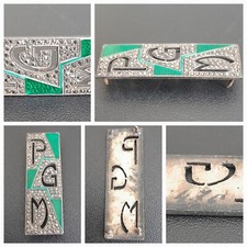 Bijou Argent émaillé vert chiffré PGM PMG G PM silver XXe Broche Plaque 11mm33mm