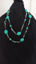 collier long sautoir perles pierre turquoise bleu vintage