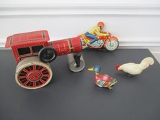 JOUETS ANCIENS EN TOLE CYLINDRE  VEBE MOTO TECHNOFER POULE PLASTIC GEGE CANARD