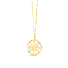 Nord Étoile Roue Boussole Médaillon Miroir Chaîne Collier Véritable 14K or Jaune