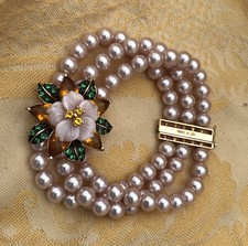 Pink Pearl Bracelet Three Strands gold Plated 925 Solid Sterling Silver Flower