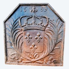 Plaque de cheminée en fonte de fer décor Armes Royale de France daté 1659  19ème