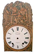 ANCIEN FRONTON FACADE D'HORLOGE CADRAN EMAILLE PRADEL  DECOR ANGELOTS EN LAITON
