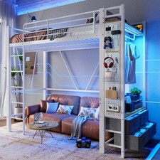 90 X 200 cm Lit Mezzanine À Cadre En Fer, 4 Tiroirs, LED, Avec Étagères, White