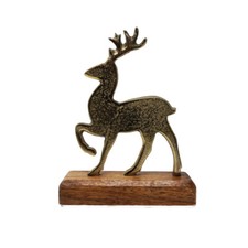 Cerf De Noël En Or En Métal Sur Socle En Bois De Mangue 14x2x23cm