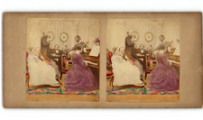 Concert de piano et guitare, Tirage vintage, ca.1870, Stéréo aquarellé  tirage