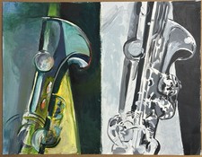 Pop Art Original Oil Painting on Paper, Saxophone, Jazz, Hand Made