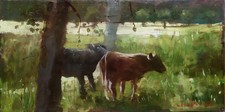 Tableau : Peinture à l'huile sur panneau "Vaches" signée Cousin  44Cm X 22 Cm