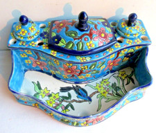 Encrier double en émaux comme LONGWY, céramique bleue: Pivoines et Oiseau