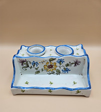 Encrier ancien en faïence double godets amovibles décor floral Rouen/Quimper