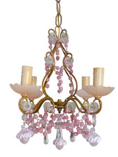 Antique Chandelier Pink Opaline Drops Cup Beads 1930 Murano Rare 4 lights RARE