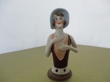 Flapper With Blue Hat German Pin Cushion Half Doll Good Condition 4" Tall