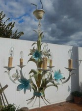lustre suspension métal tole  fleurs lys bleu