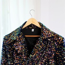 Hommes Paillettes Sequin Veste Moto Oblique Fermeture Motard Manteau Extérieur