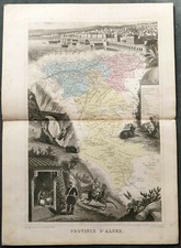 gravure aquarellée XIXeme carte géographique & descriptif Province d'Alger 1870