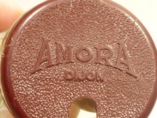 Ancien MOUTARDIER DE TABLE AMORA EN VERRE BAKELITE ANNÉES 50 vintage moutarde