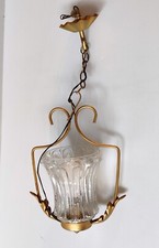 SUSPENSION METAL DORE VERRE GRANULEUX FEUILLE D'ACANTHE LUMINAIRE VINTAGE