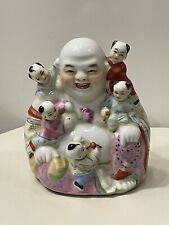BOUDDHA RIEUR AUX 5 ENFANT PORCELAINE DE CHINE FAMILLE ROSE 19eme SIGNÉ ART ASIE