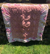 Antique French Petite Cabbage Roses Hand Stitched Pink Boutis Quilt 1900s