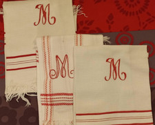 3 Anciens torchons/serviettes coton nid d'abeille, monogramme M (13)