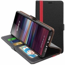 Coque Sony Xperia 10 (2019) Etui Portefeuille PU Cuir Porte-Cartes, Noir / Rouge
