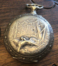 montre CHRONOMETRE en Argentan à décors ´´Paysage sous la neige ´´fin 19eme