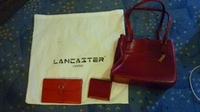 ensemble neuf lancaster cuir rouge sac a main + porte chequier + porte monnaie