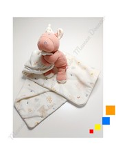 Doudou Plat/Couverture Lina Joy Licorne Rose Blanc Doré Attache Tétine - Noukies