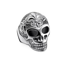 BAGUE TETE DE MORT CHEVALIERE FLEUR DE LYS HOMME FEMME ARGENT STERLING FINS ☠️