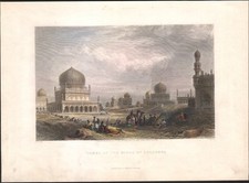 1845 Gravure aquarellée Tombe du roi de Golconde Hyderabad Inde