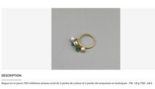 bague or jaune 18 carats avec perles et turquoises en pampilles