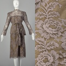 L Becky Bisoulis Two Piece Set 1980s Mauve Lace Skirt Long Sleeve Blouse 80s VTG