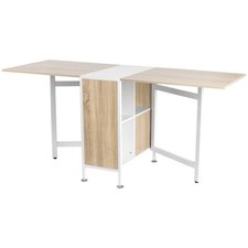 Table De Cuisine Pliable Avec Rangement 4 Niches Chêne Clair Et Acier Blanc