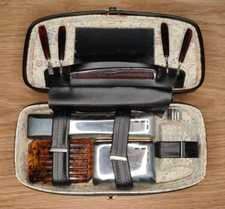 Ancienne trousse de toilette noire, nécessaire de voyage avec outils de manucure