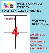 étiquettes 105 x 148.5 mm Planche A4 de 4 étiquettes autocollantes blanches