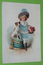 CHROMO 1895-1914 CHICOREE BERIOT LILLE FILLETTE AVEC CORBEILLE FLEURS ET CHIEN