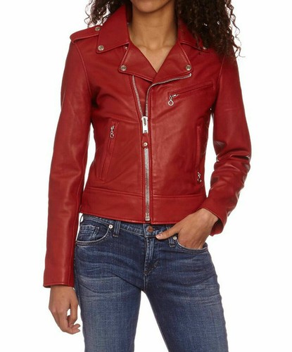 Blouson moto rouge cuir - de,
