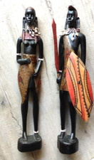 ancien  couple de statuettes figurines en ébène  chasseurs tribal afrique 45 cm