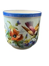 ANCIEN MAGNIFIQUE CACHE POT FAÏENCE BLEU TABLEAU OISEAU BOUQUET DE FLEUR DESSIN
